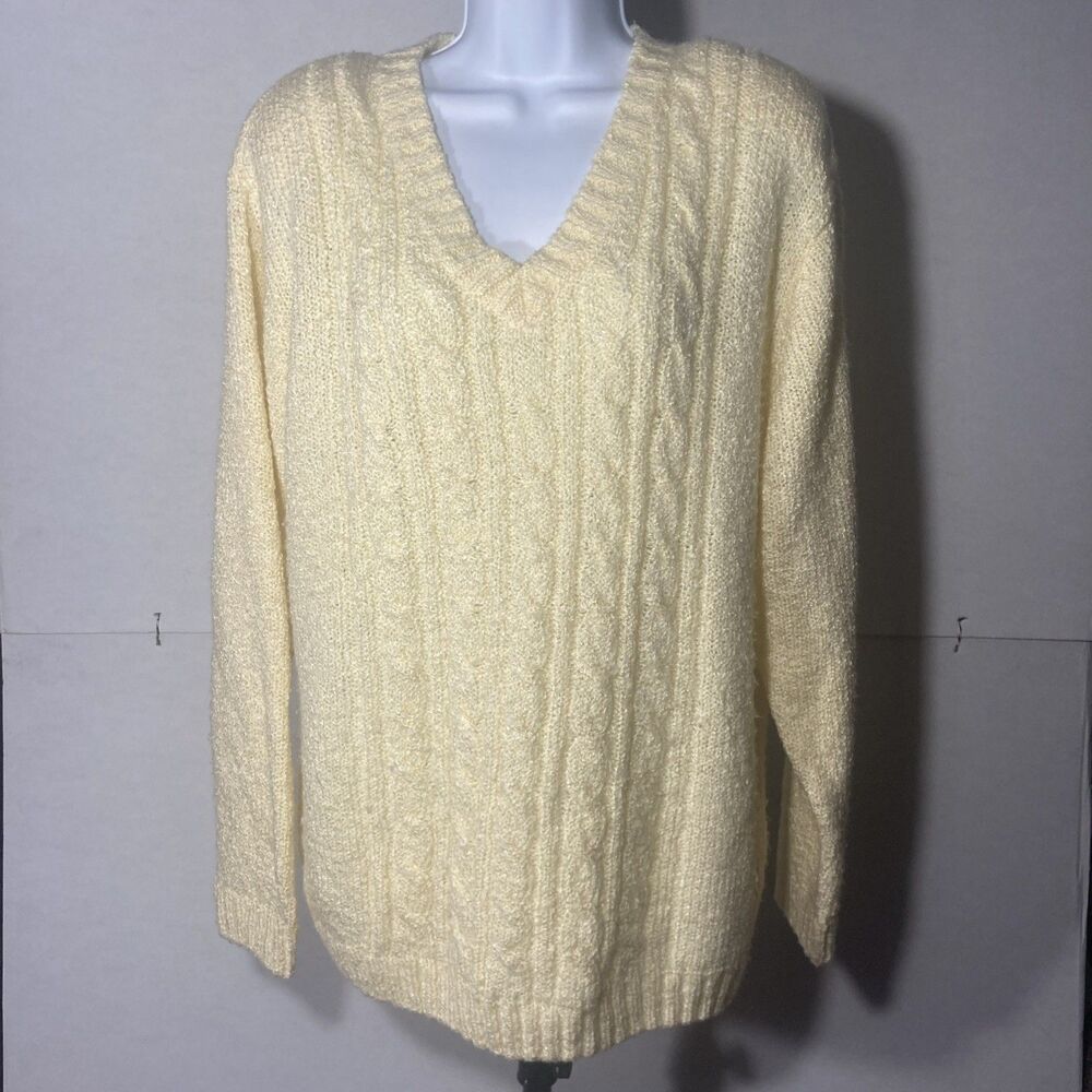CLAUDIA BARNES yellow v-neck long sleeve cableknit pullover sweater XL